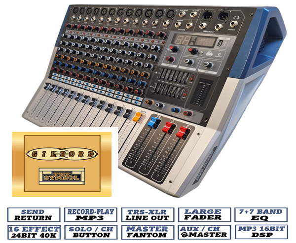 gilbord amp35 πλάγια όψη κονσόλας ήχου με faders και εισόδους